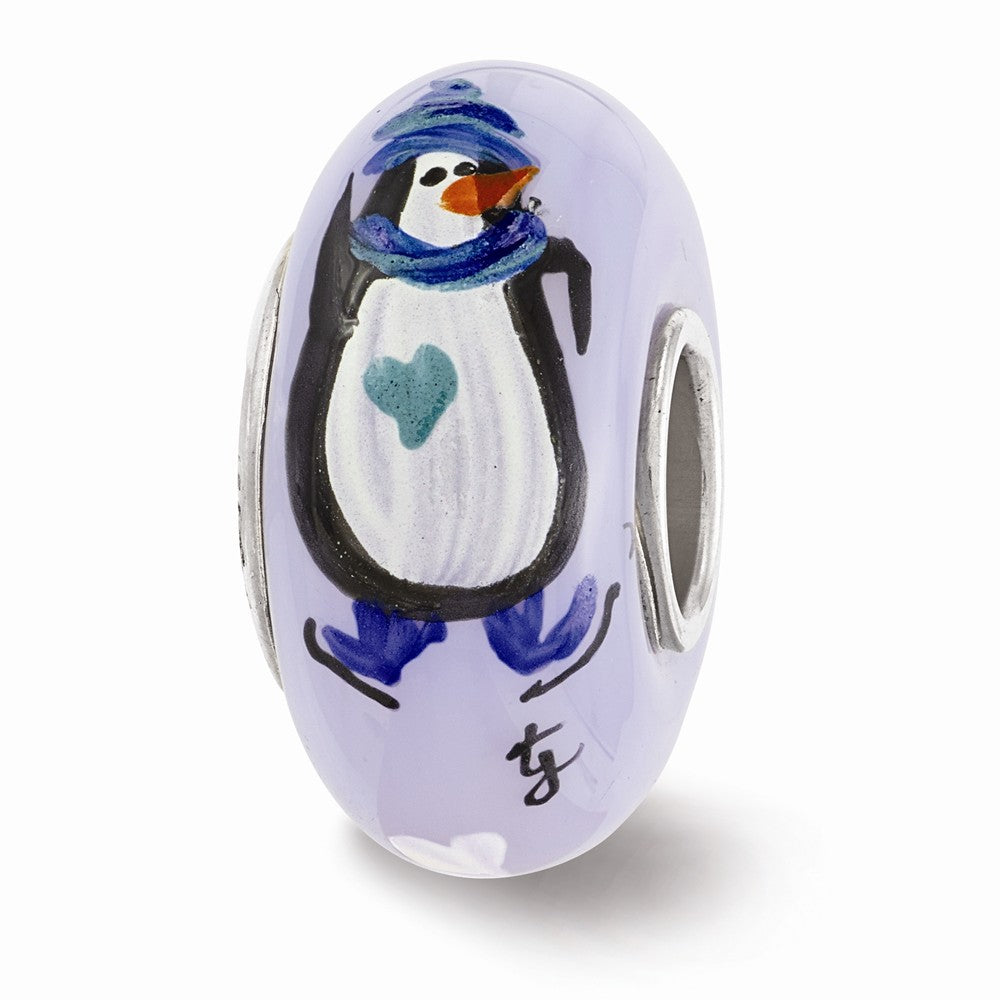 Fenton Blue Hand Painted Penguin Glass &amp; Sterling Silver Bead Charm, Item B12550 by The Black Bow Jewelry Co.