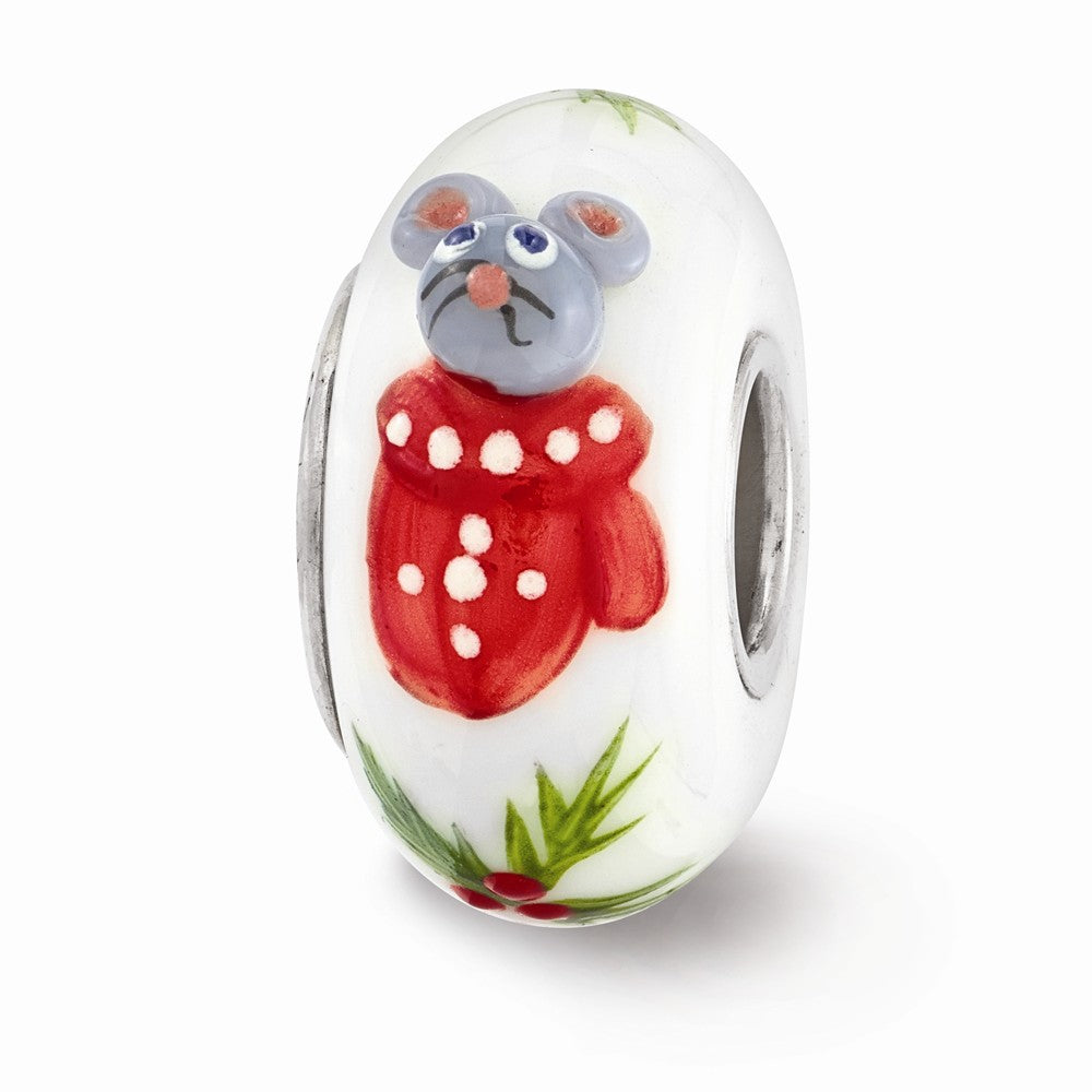 Fenton Hand Painted Christmas Mouse Glass &amp; Sterling Silver Bead Charm, Item B12552 by The Black Bow Jewelry Co.