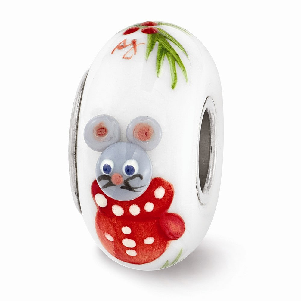 Alternate view of the Fenton Hand Painted Christmas Mouse Glass &amp; Sterling Silver Bead Charm by The Black Bow Jewelry Co.