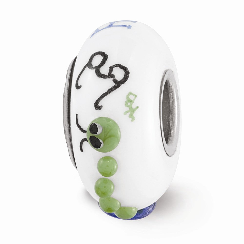 Alternate view of the Fenton White Hand Painted Bookworm Glass &amp; Sterling Silver Bead Charm by The Black Bow Jewelry Co.