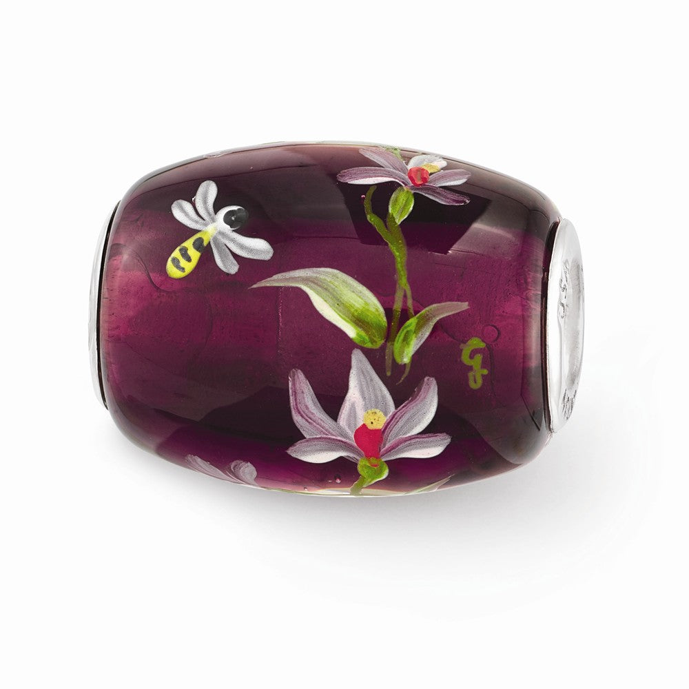 Fenton Purple Magnolias Glass &amp; Sterling Silver Bead Charm, Item B12567 by The Black Bow Jewelry Co.