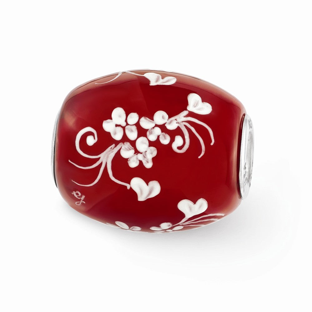 Fenton Red Floral Hearts Glass &amp; Sterling Silver Bead Charm, Item B12572 by The Black Bow Jewelry Co.