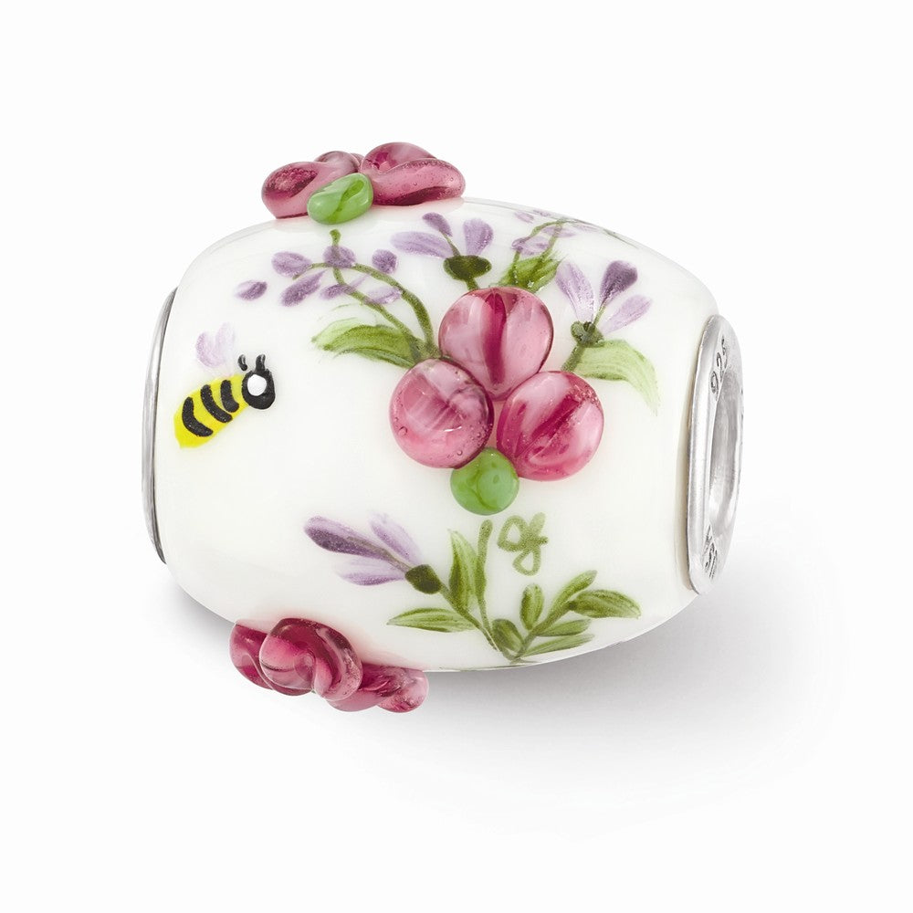 Fenton White Floral Glass &amp; Sterling Silver Barrel Bead Charm, Item B12573 by The Black Bow Jewelry Co.