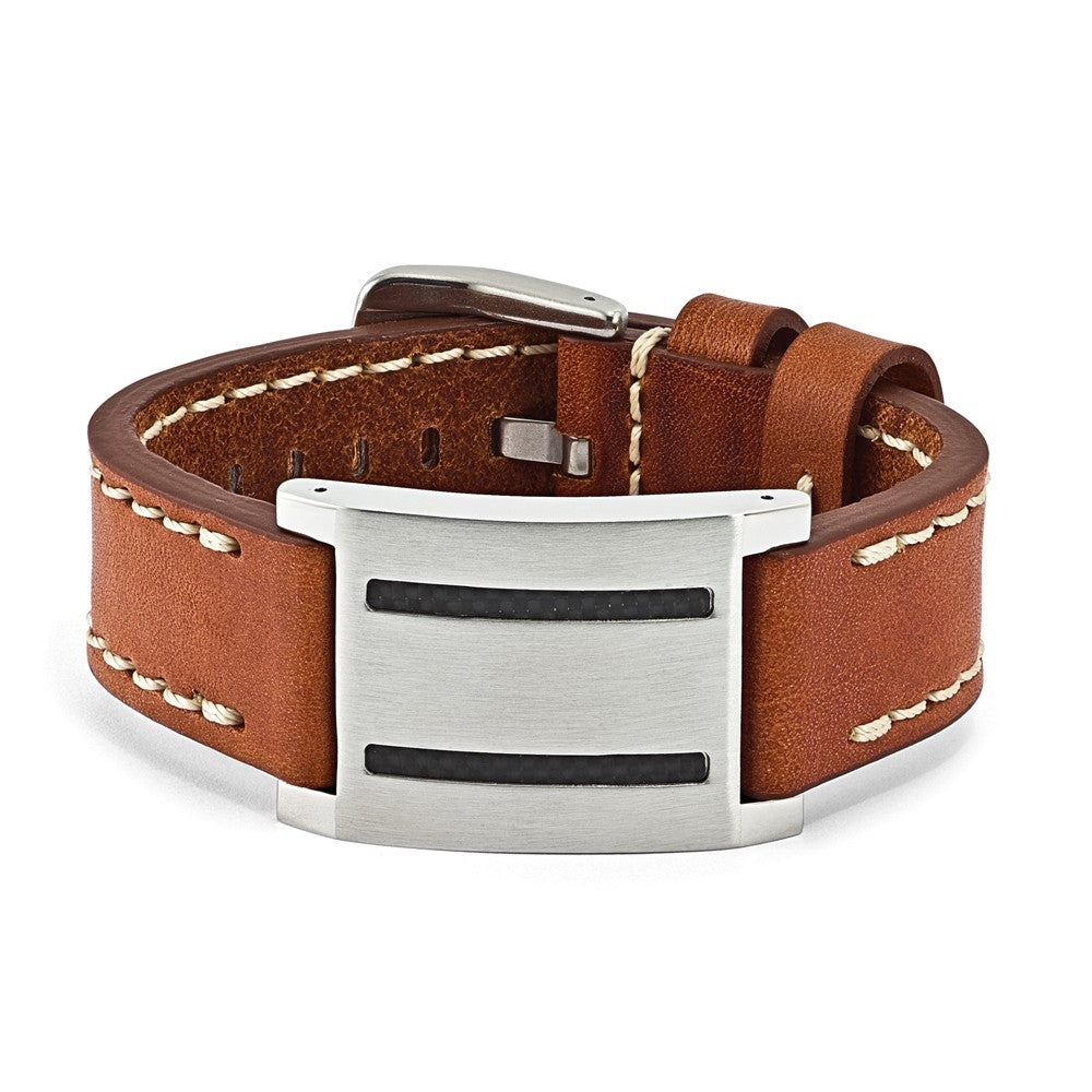 Mens Brown Leather, Carbon Fiber &amp; Stainless Steel ID Buckle Bracelet, Item B12800 by The Black Bow Jewelry Co.