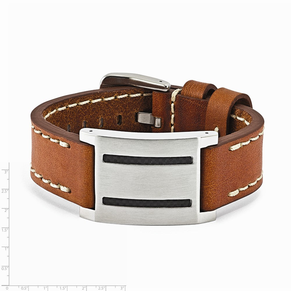Alternate view of the Mens Brown Leather, Carbon Fiber &amp; Stainless Steel ID Buckle Bracelet by The Black Bow Jewelry Co.
