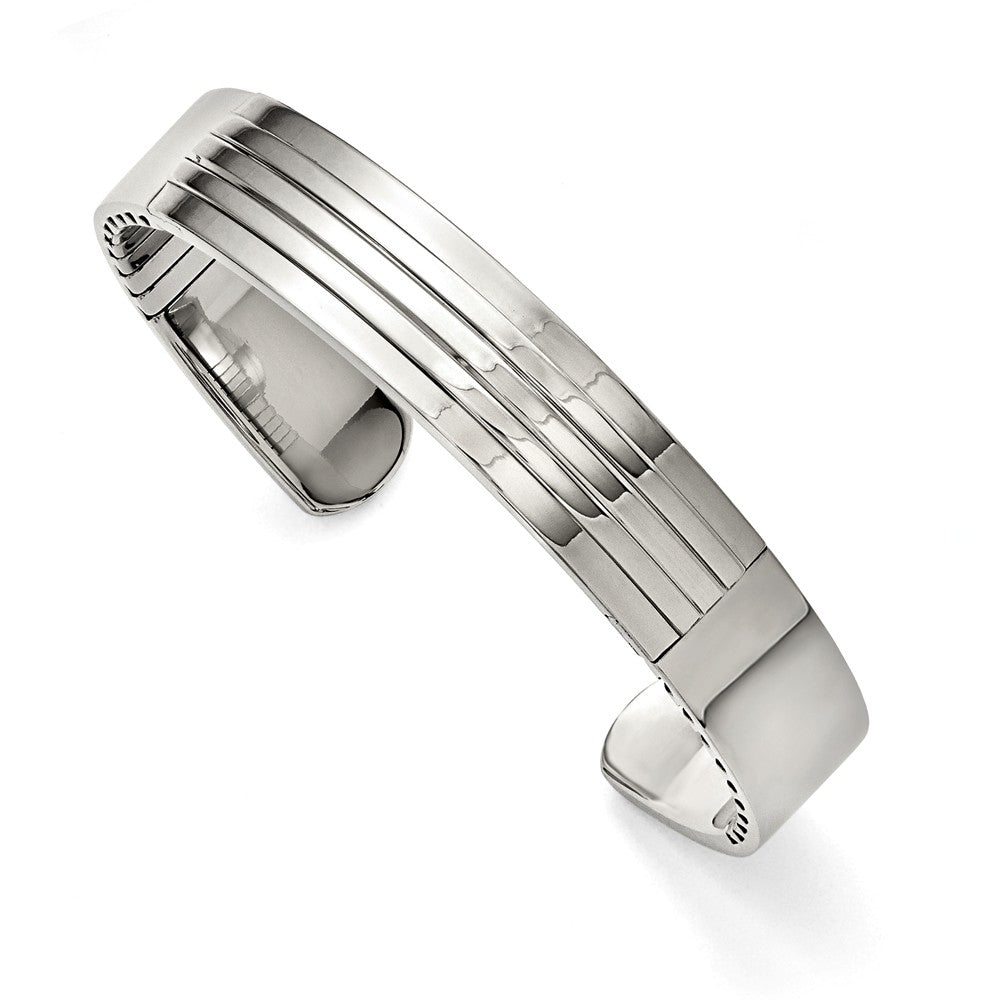 Men&#39;s Stainless Steel 14mm Polished and Grooved Cuff Bracelet, Item B12807 by The Black Bow Jewelry Co.