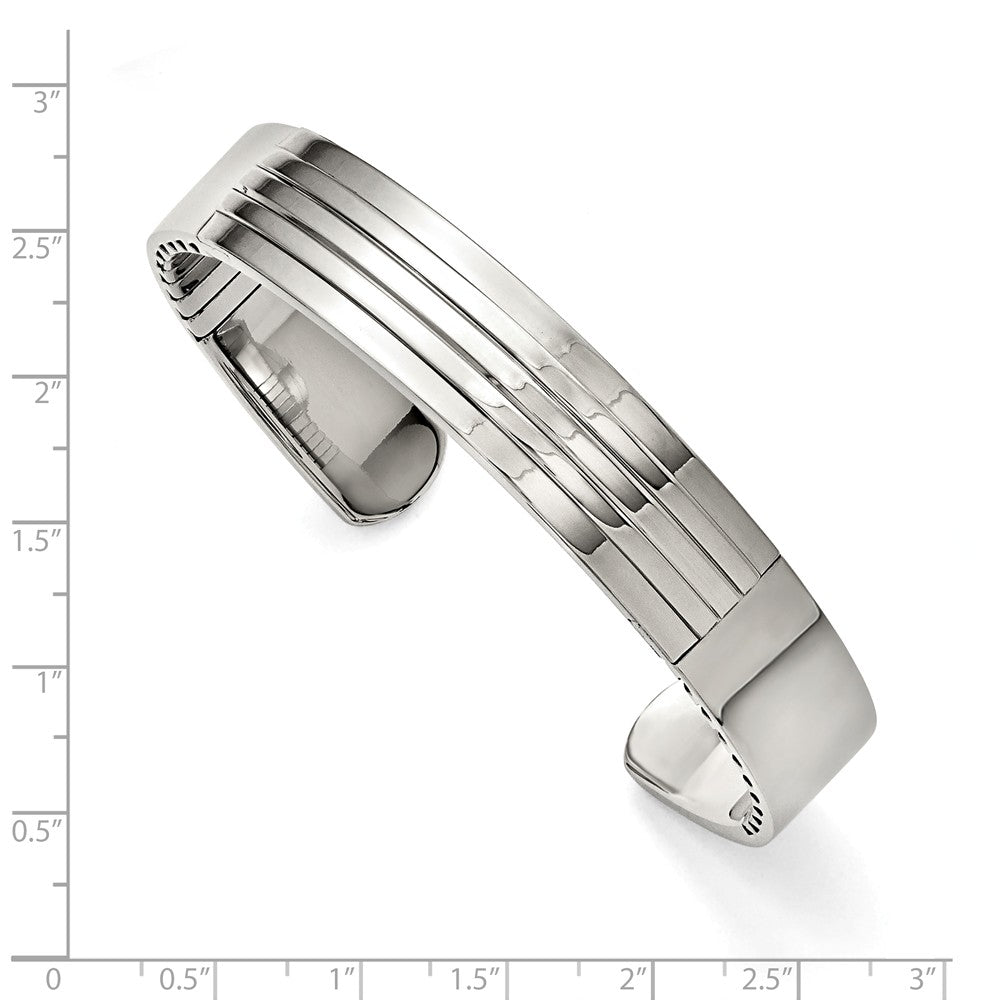 Alternate view of the Men&#39;s Stainless Steel 14mm Polished and Grooved Cuff Bracelet by The Black Bow Jewelry Co.
