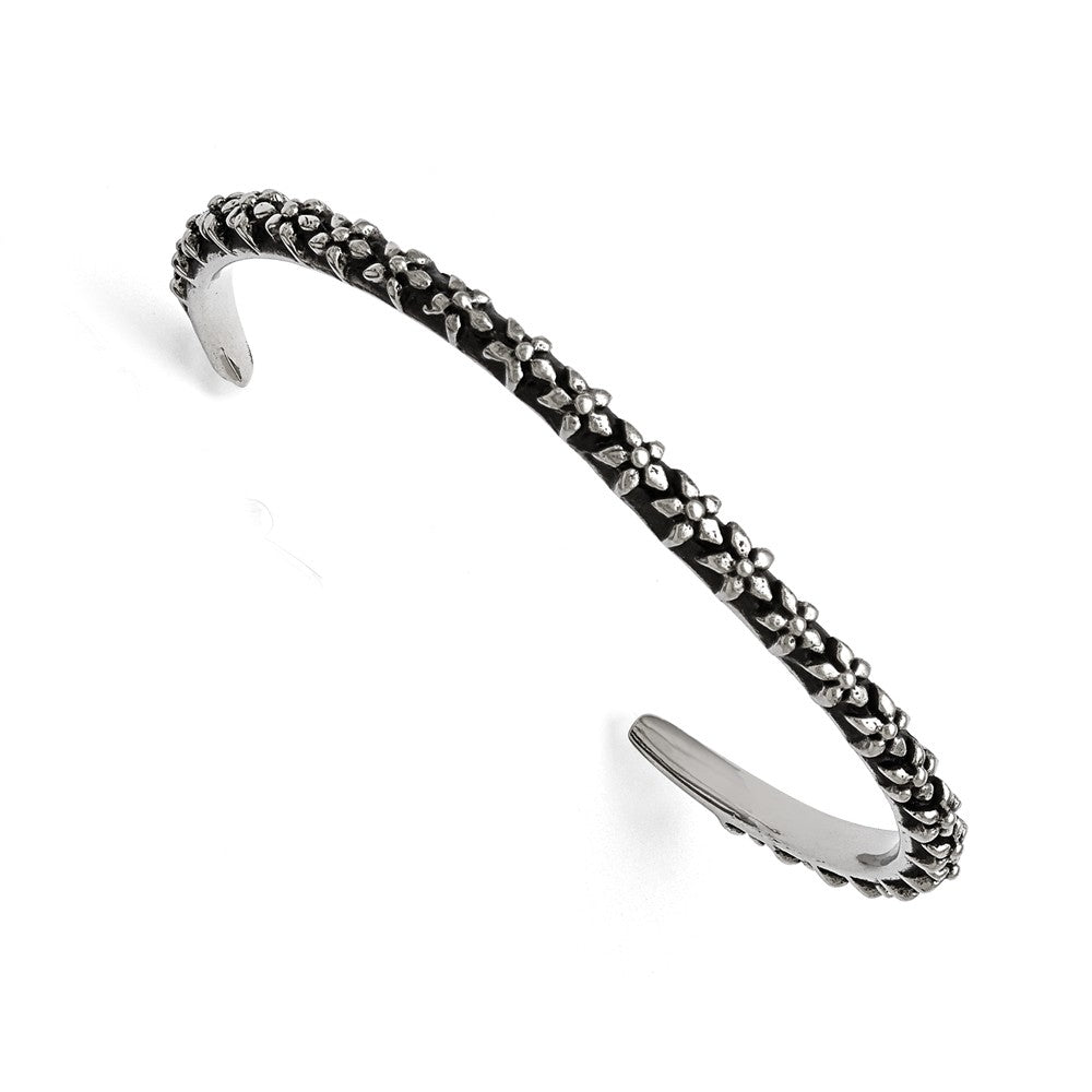 5mm Stainless Steel Antiqued &amp; Polished Floral Thin Cuff Bracelet, Item B12896 by The Black Bow Jewelry Co.