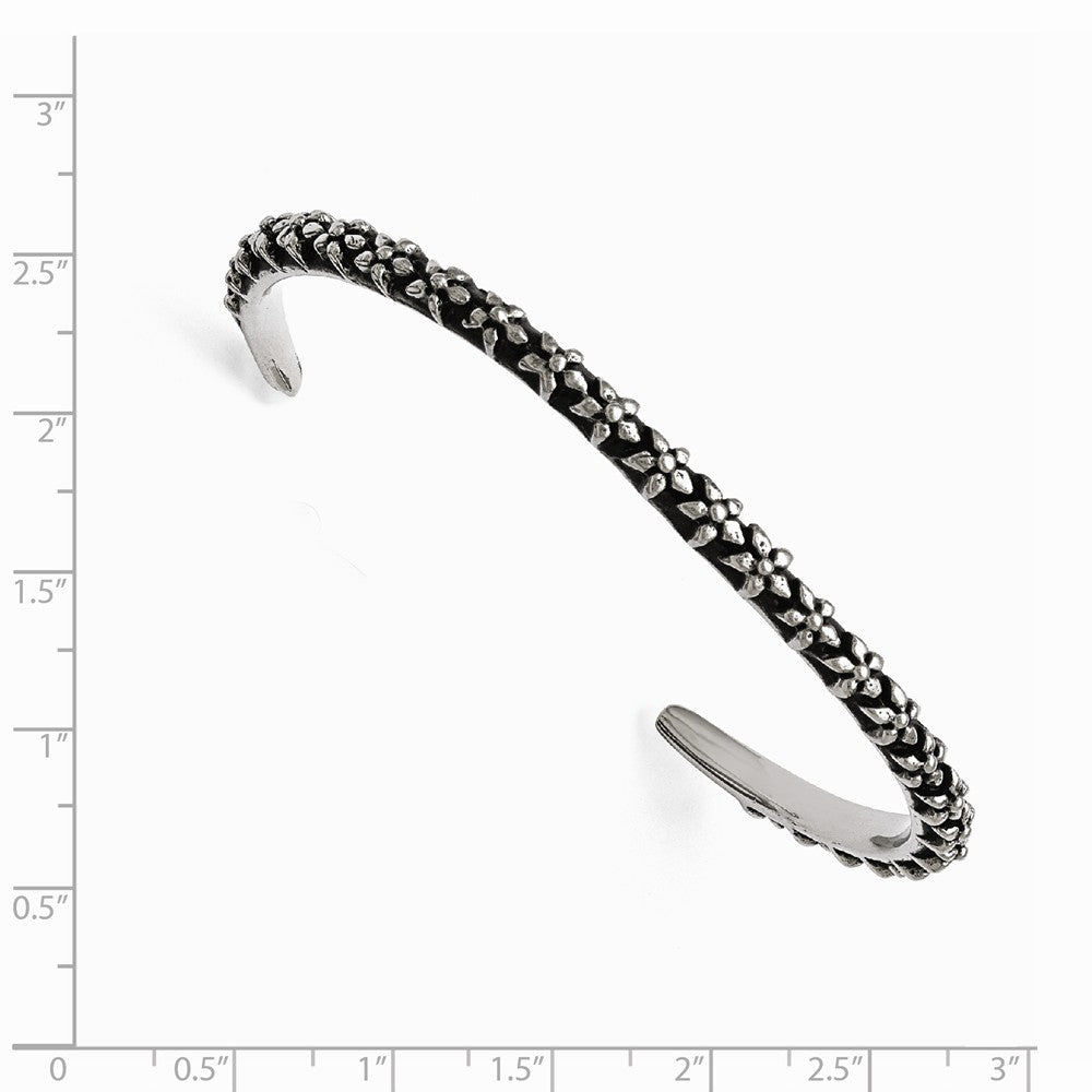 Alternate view of the 5mm Stainless Steel Antiqued &amp; Polished Floral Thin Cuff Bracelet by The Black Bow Jewelry Co.