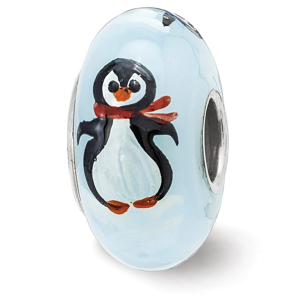 Fenton Sterling Silver Hand Painted Penguin Frolic Glass Bead Charm, Item B13333 by The Black Bow Jewelry Co.