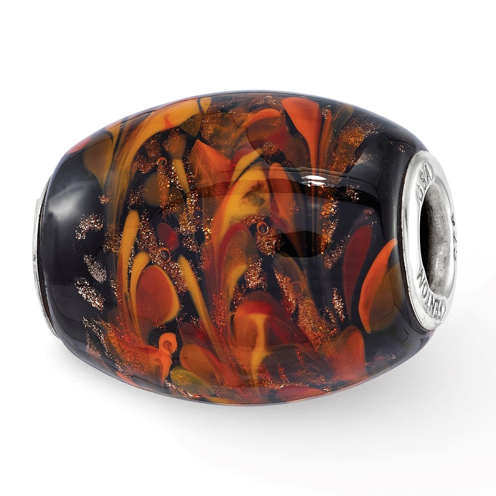 Fenton Sterling Silver Black/Orange Autumn Fires Glass Bead Charm, Item B13383 by The Black Bow Jewelry Co.