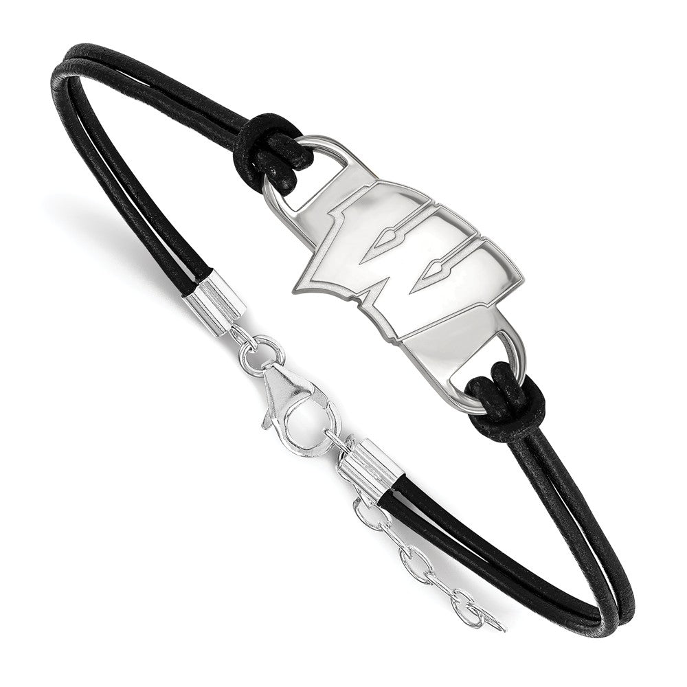 Sterling Silver Univ. of Wisconsin Sm Leather Bracelet, 7 Inch, Item B14508 by The Black Bow Jewelry Co.