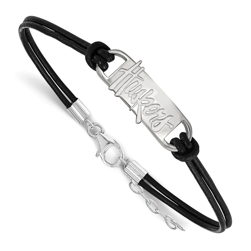Sterling Silver University of Nebraska Leather Bracelet, 7 Inch, Item B14551 by The Black Bow Jewelry Co.