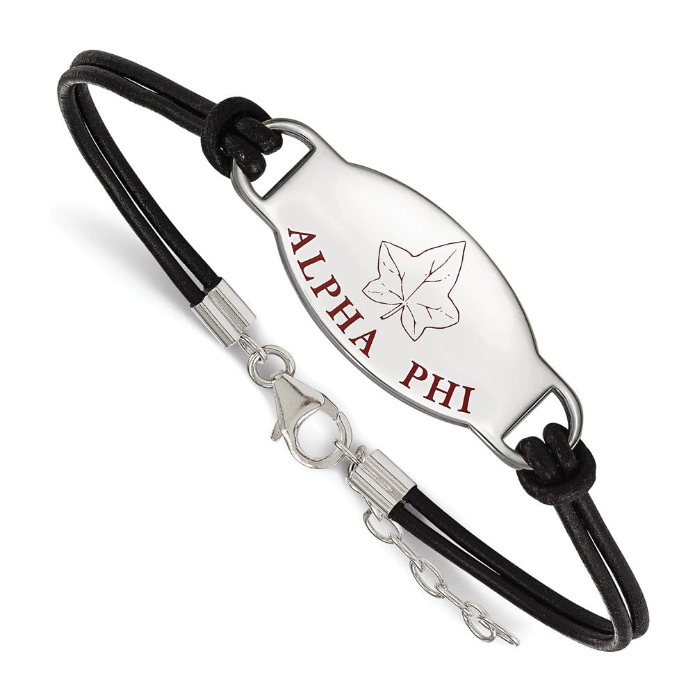 Sterling Silver Alpha Phi Enamel Black Leather Bracelet - 7 in., Item B15318 by The Black Bow Jewelry Co.