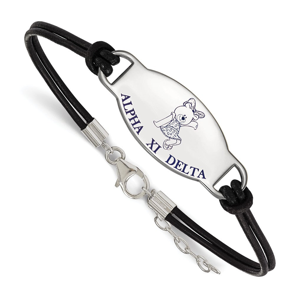 Sterling Silver Alpha Xi Delta Enamel Black Leather Bracelet - 7 in., Item B15319 by The Black Bow Jewelry Co.