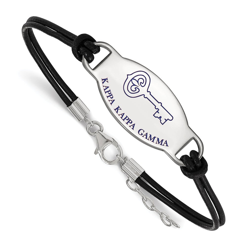 Sterling Silver Kappa Kappa Gamma Enamel Black Leather Bracelet - 7 in, Item B15320 by The Black Bow Jewelry Co.