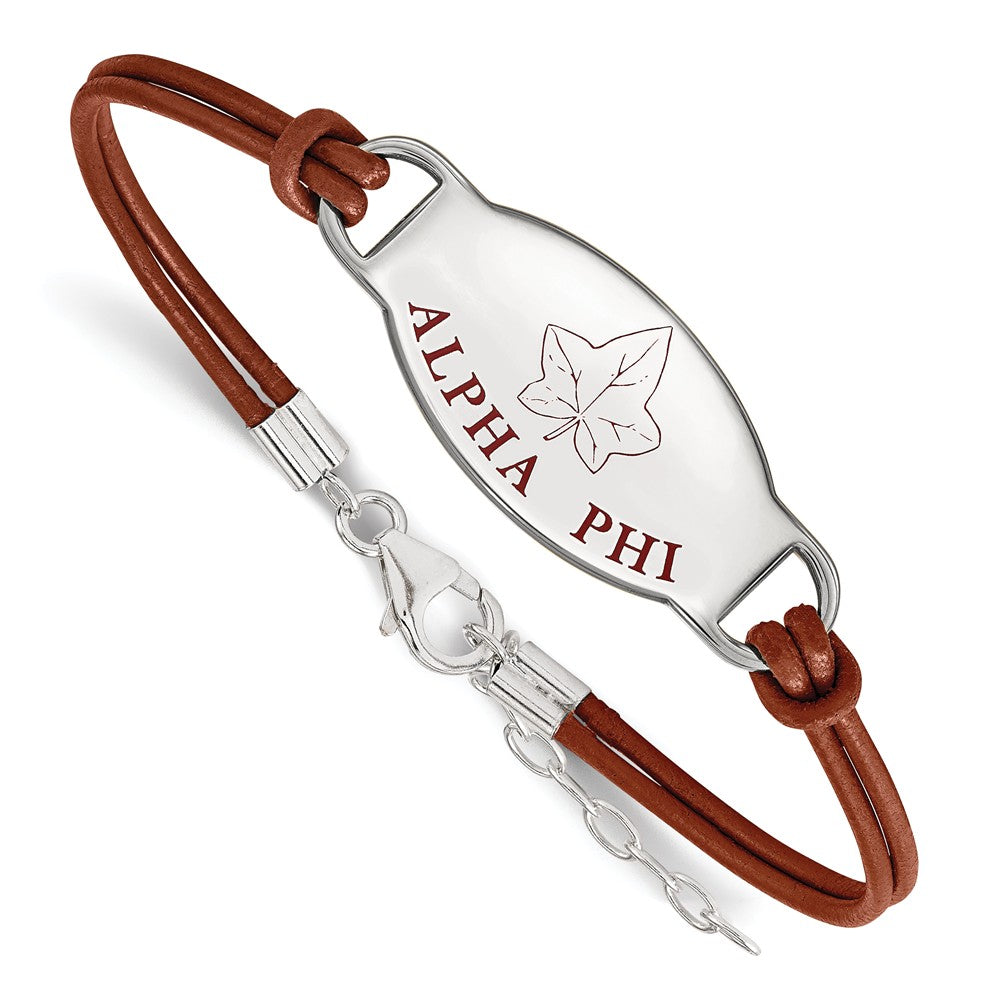 Sterling Silver Alpha Phi Enamel Brown Leather Bracelet - 7 in., Item B15329 by The Black Bow Jewelry Co.