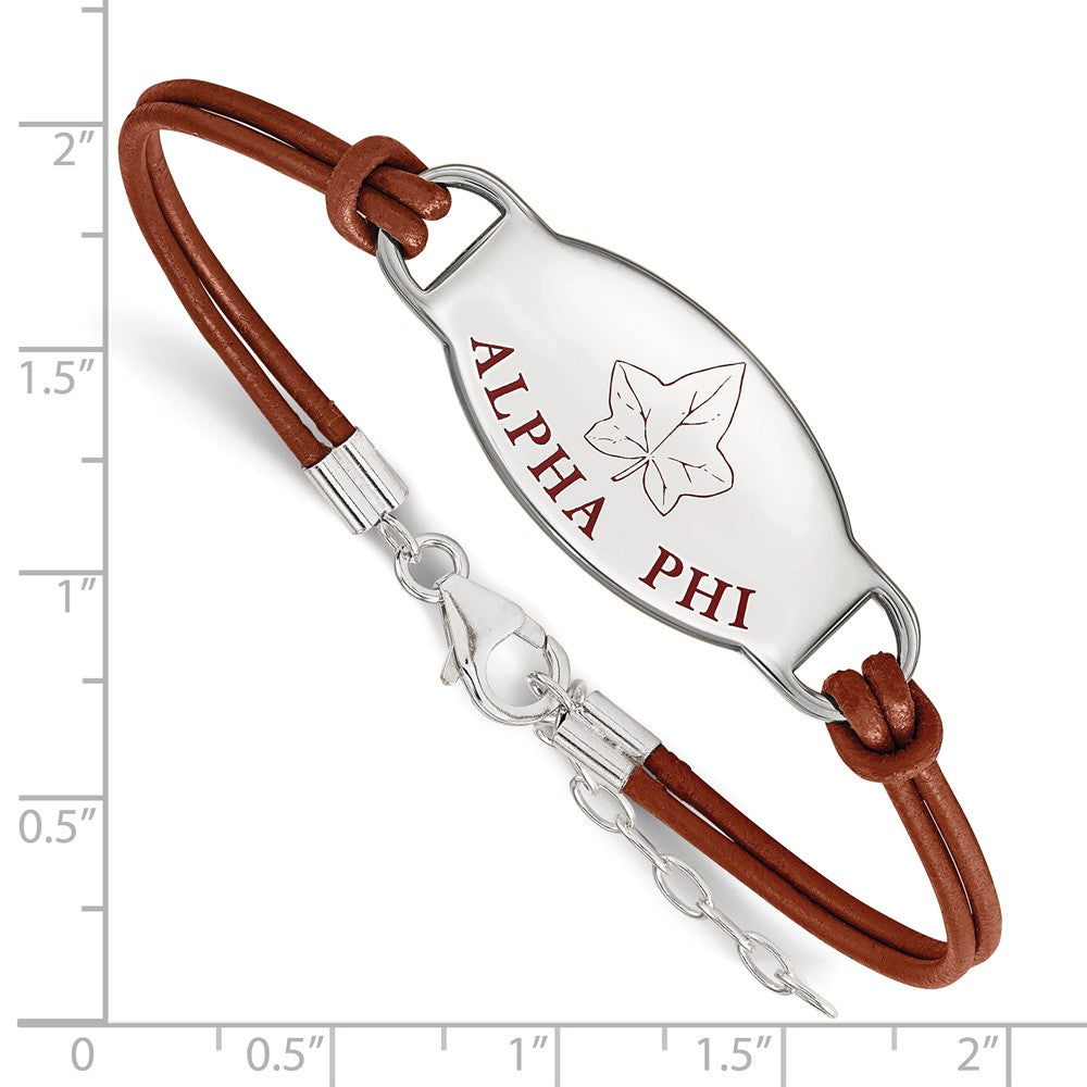 Alternate view of the Sterling Silver Alpha Phi Enamel Brown Leather Bracelet - 7 in. by The Black Bow Jewelry Co.