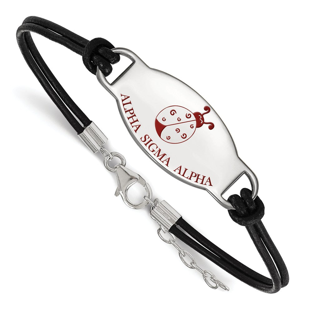 Sterling Silver Alpha Sigma Alpha Enamel Blk Leather Bracelet - 7 in., Item B15331 by The Black Bow Jewelry Co.