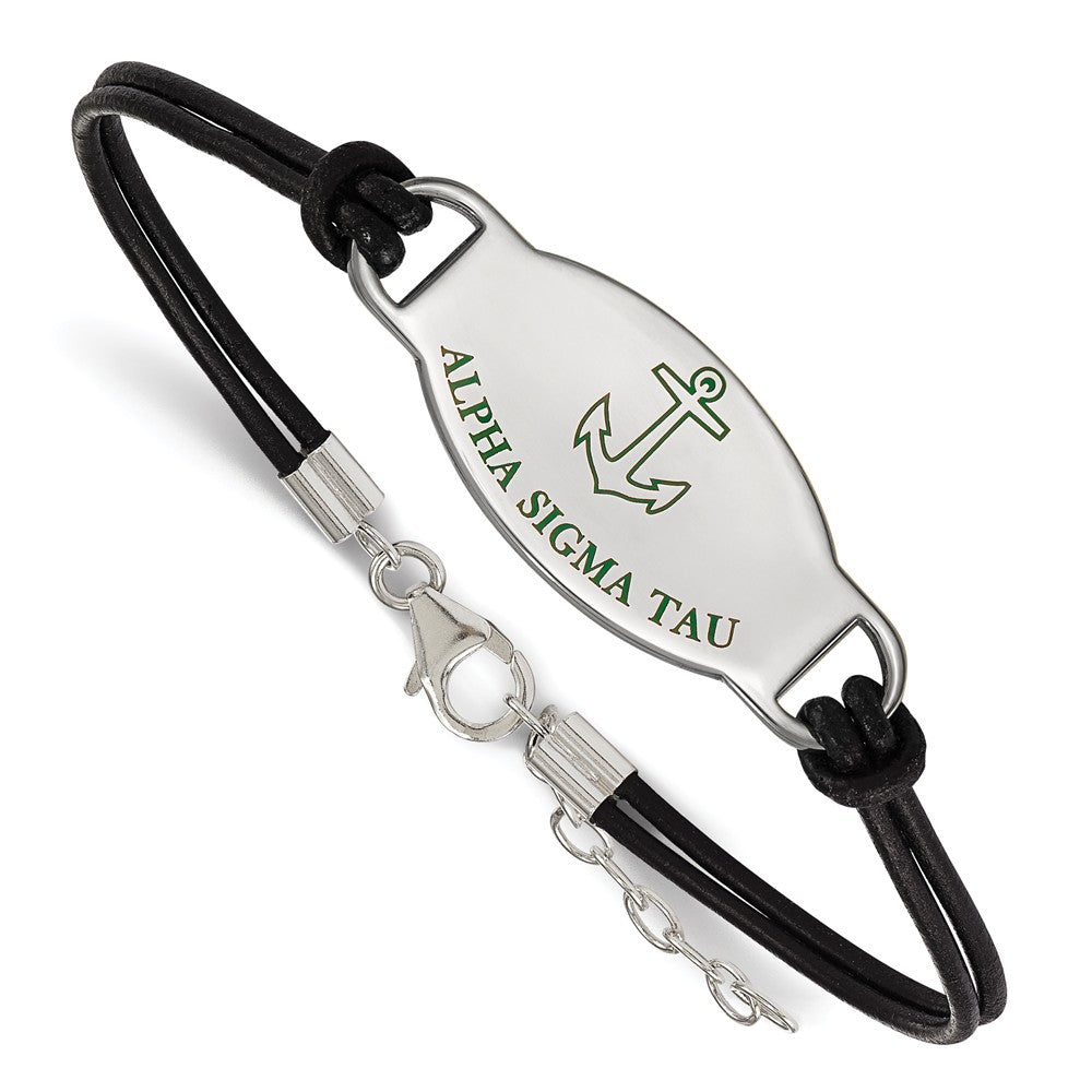 Sterling Silver Alpha Sigma Tau Enamel Blk Leather Bracelet - 7 in., Item B15333 by The Black Bow Jewelry Co.