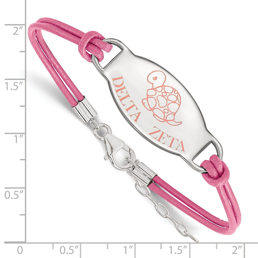 Alternate view of the Sterling Silver Delta Zeta Enamel Pink Leather Bracelet - 7 in. by The Black Bow Jewelry Co.