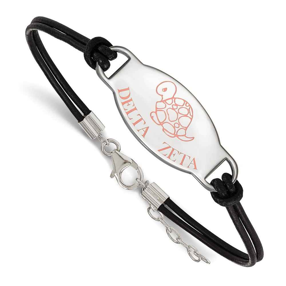 Sterling Silver Delta Zeta Enamel Black Leather Bracelet - 7 in., Item B15343 by The Black Bow Jewelry Co.
