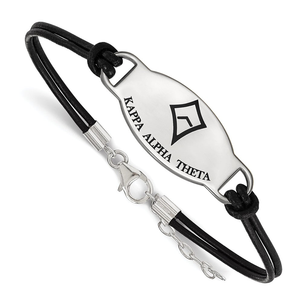 Sterling Silver Kappa Alpha Theta Enamel Blk Leather Bracelet - 7 in., Item B15346 by The Black Bow Jewelry Co.