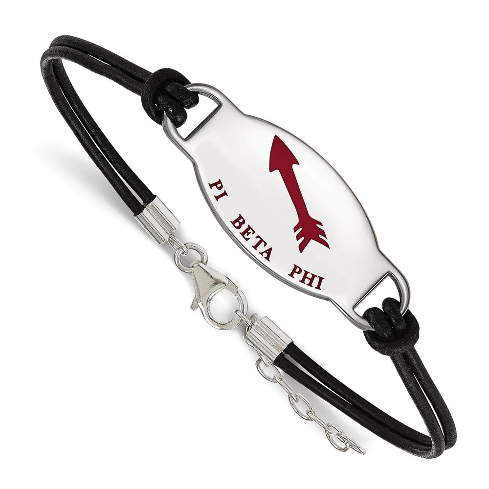 Sterling Silver Pi Beta Phi Enamel Black Leather Bracelet - 7 in., Item B15355 by The Black Bow Jewelry Co.