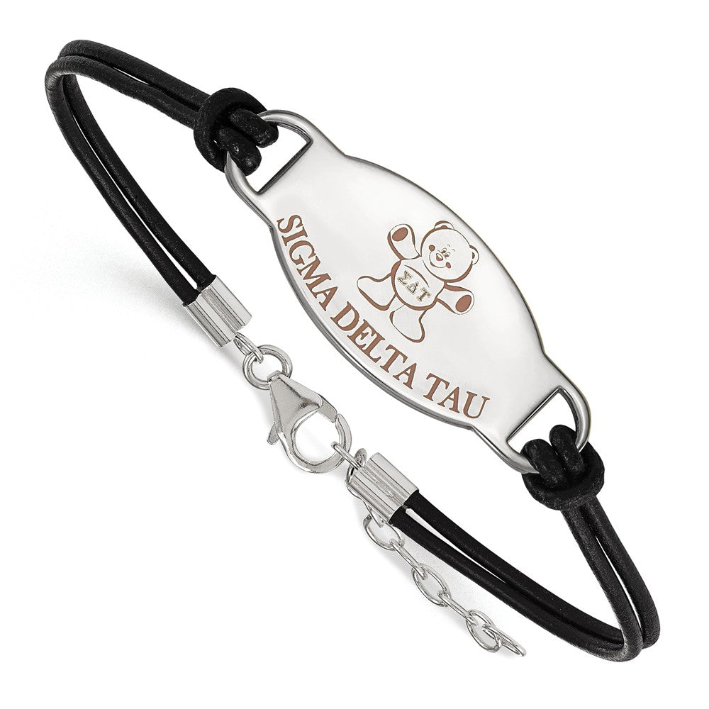 Sterling Silver Sigma Delta Tau Enamel Black Leather Bracelet - 7 in., Item B15357 by The Black Bow Jewelry Co.