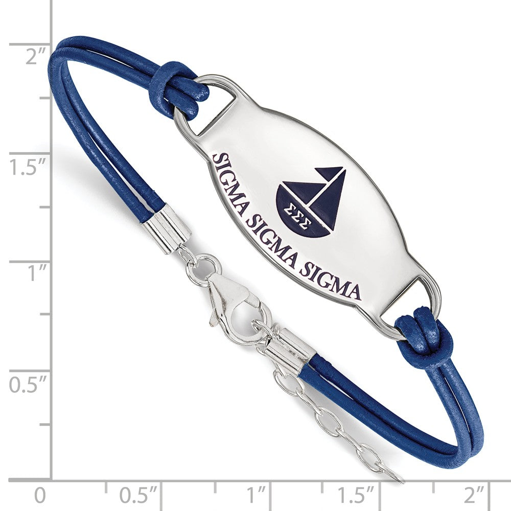 Alternate view of the Sterling Silver Sigma Sigma Sigma Enamel Blue Leather Bracelet - 7 in. by The Black Bow Jewelry Co.