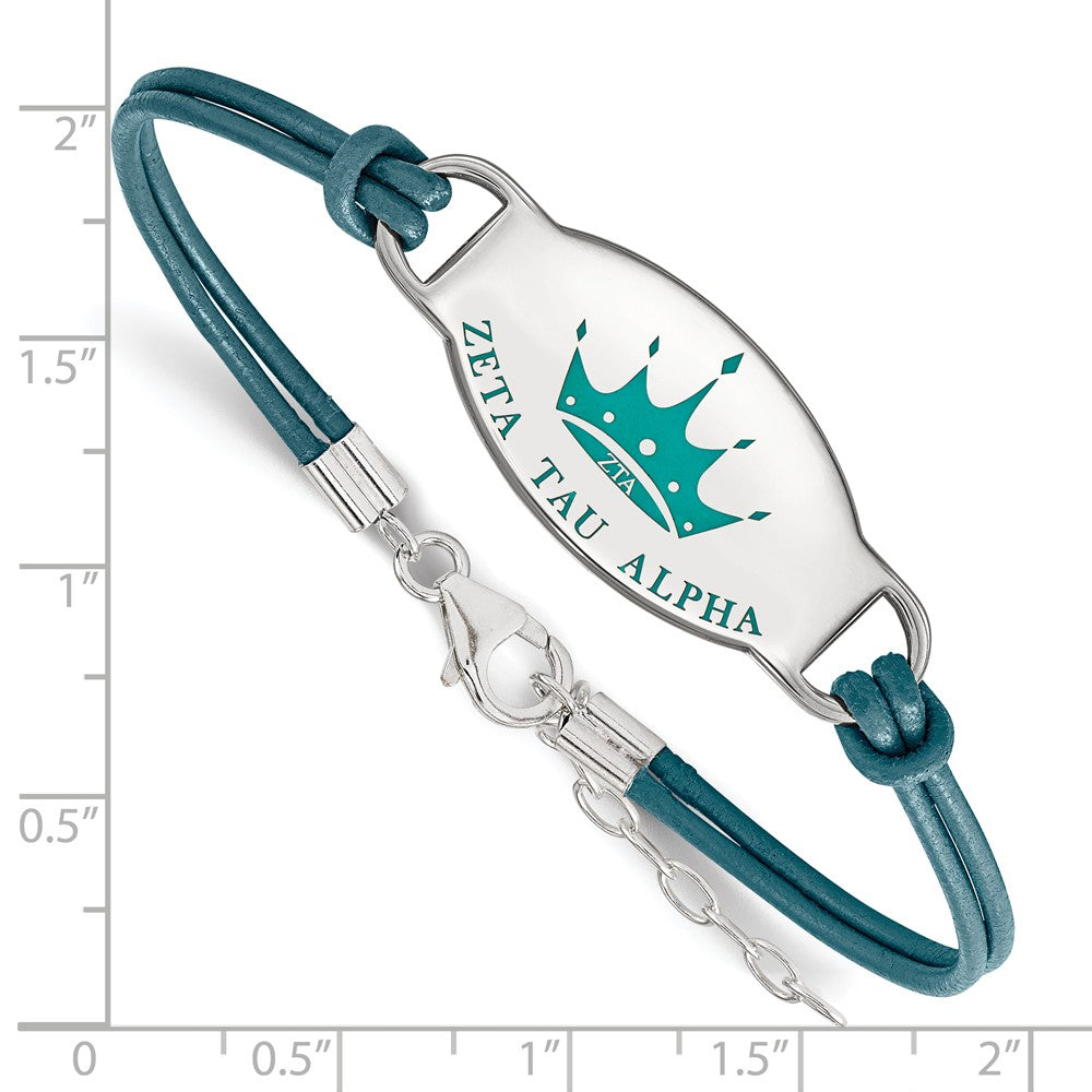 Alternate view of the Sterling Silver Zeta Tau Alpha Enamel Teal Leather Bracelet - 7 in. by The Black Bow Jewelry Co.