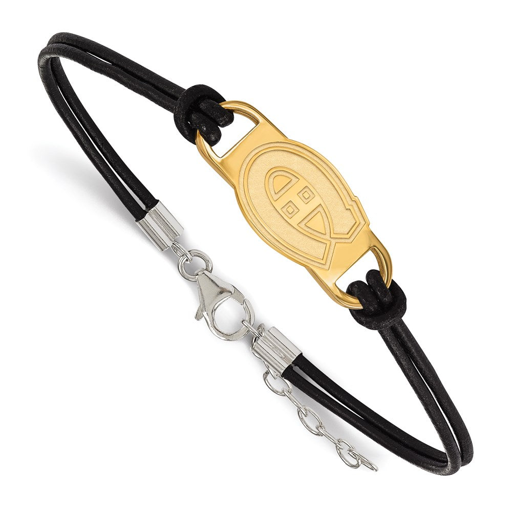 SS 14k Yellow Gold Plated &amp; Leather NHL Canadiens Adj. Bracelet, Item B15800 by The Black Bow Jewelry Co.