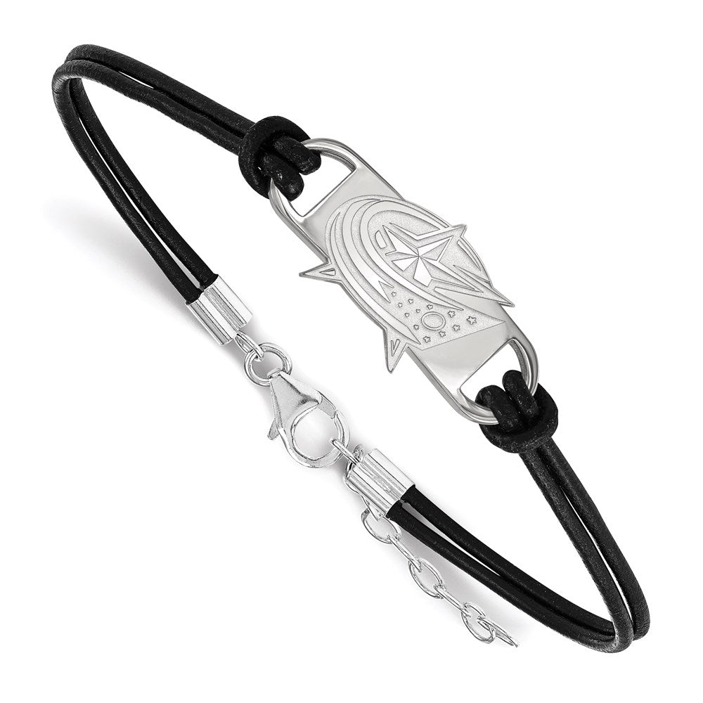 Sterling Silver &amp; Leather NHL Blue Jackets Adj. Bracelet, Item B15821 by The Black Bow Jewelry Co.