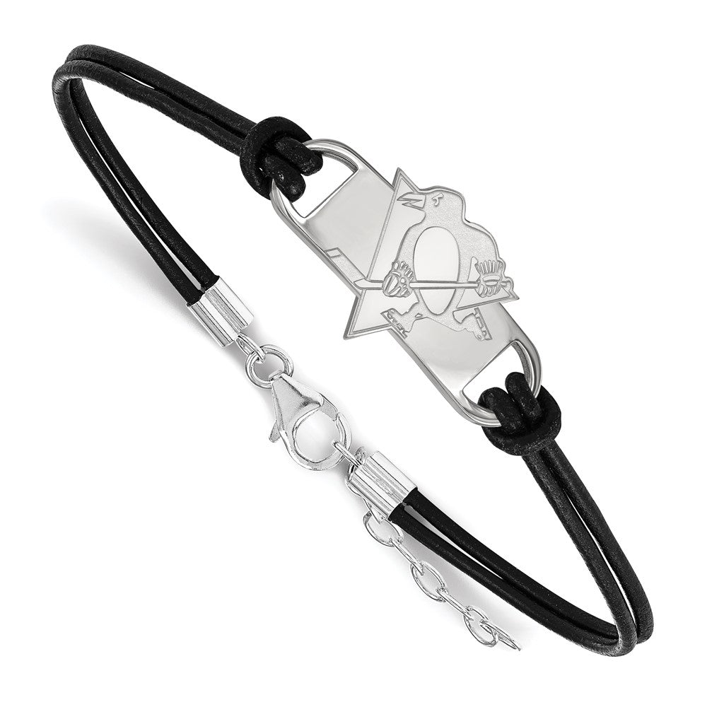 Sterling Silver &amp; Leather NHL Pittsburgh Penguins Bracelet, Item B15828 by The Black Bow Jewelry Co.