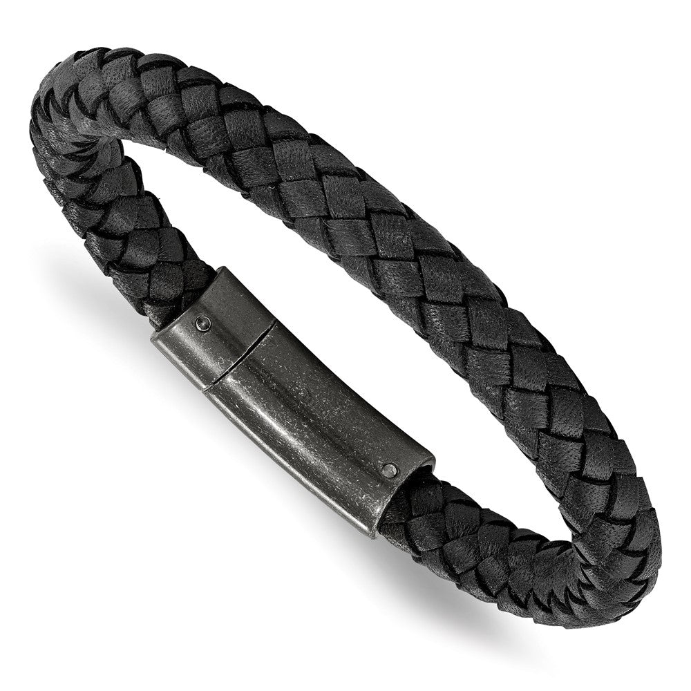 7.8mm Stainless Steel &amp; Black Braided Leather Bracelet, 8.25 Inch, Item B18557-BLK by The Black Bow Jewelry Co.