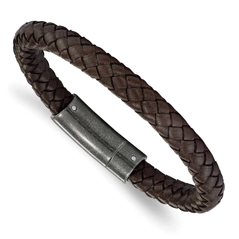 7.8mm Stainless Steel Dark Brown Braided Leather Bracelet, 8.25 Inch, Item B18557-BRN by The Black Bow Jewelry Co.