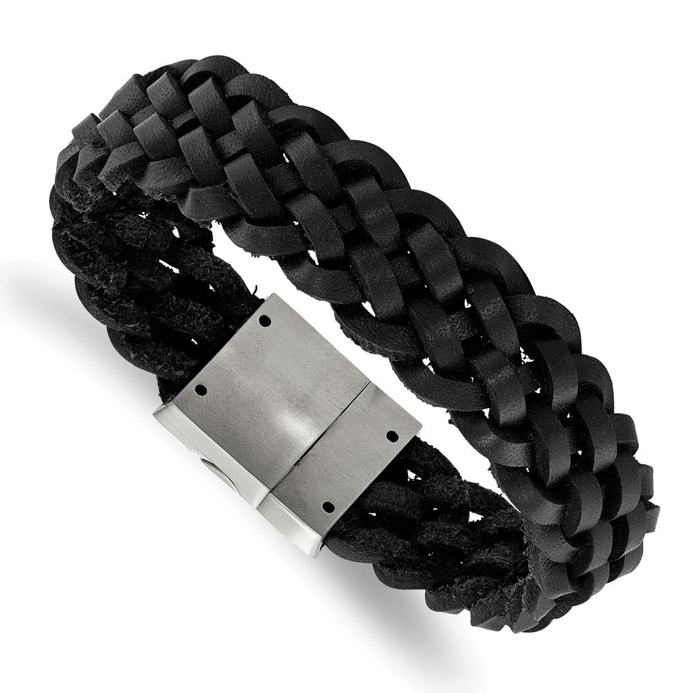 15mm Stainless Steel Black Leather Braided Bracelet, 8.5 Inch, Item B18559-BLK by The Black Bow Jewelry Co.