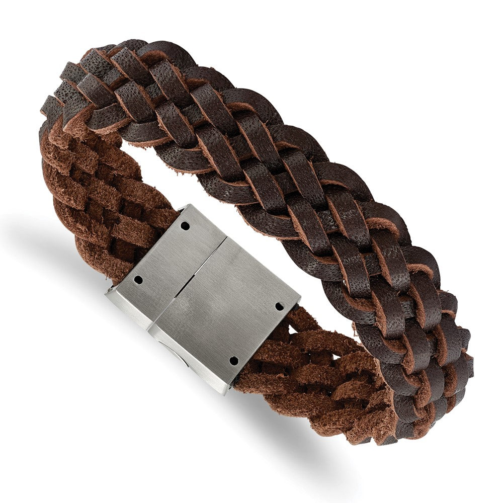 15mm Stainless Steel Brown Leather Braided Bracelet, 8.5 Inch, Item B18559-BRN by The Black Bow Jewelry Co.