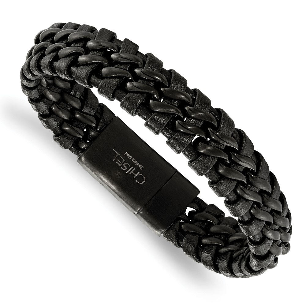 14mm Black Plated Stainless Steel Black Leather Link Bracelet, 8.5 In, Item B18569-BP by The Black Bow Jewelry Co.