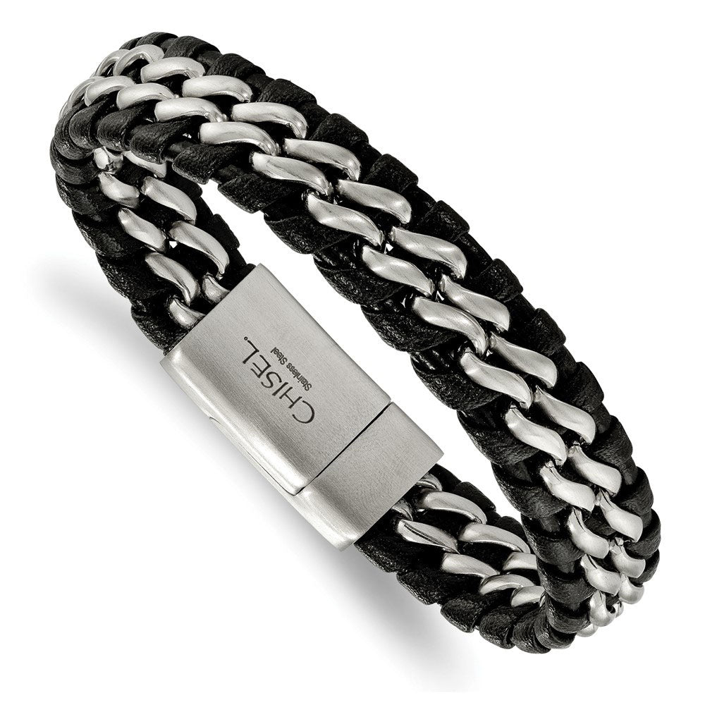 14mm Stainless Steel Black Leather Brushed Link Bracelet, 8.5 Inch, Item B18569-GR by The Black Bow Jewelry Co.