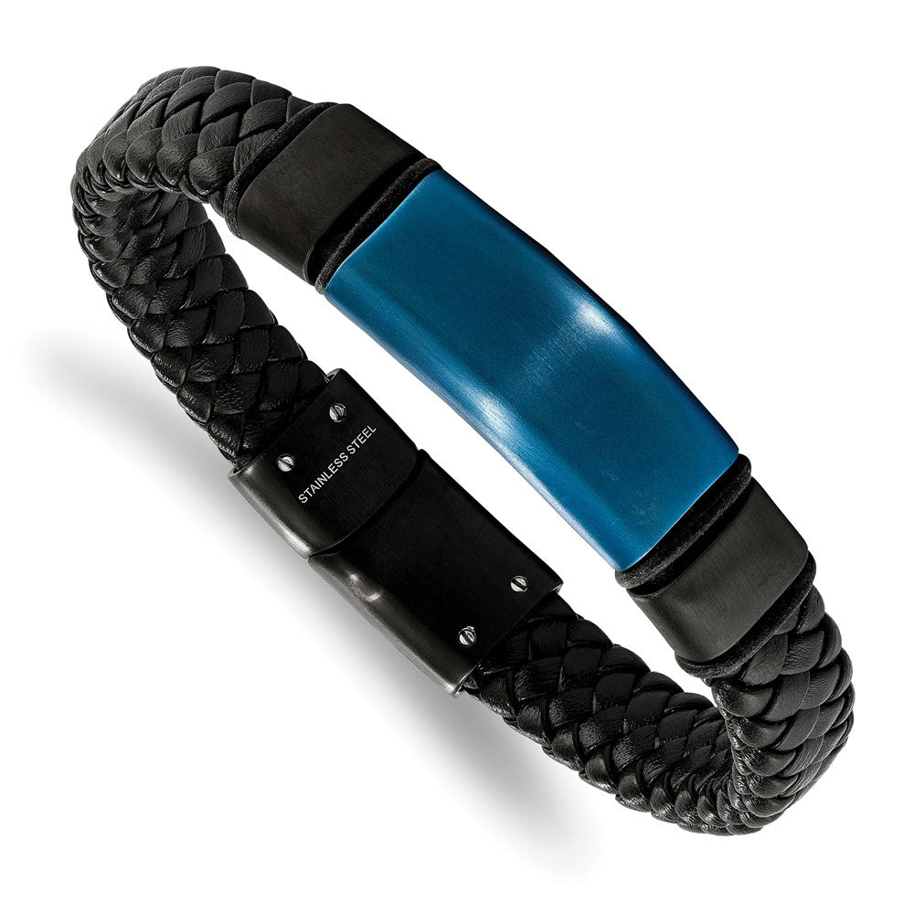 10mm Blk/Blue Plated Stainless Steel Blk Leather I.D. Bracelet 8.25 In, Item B18862 by The Black Bow Jewelry Co.