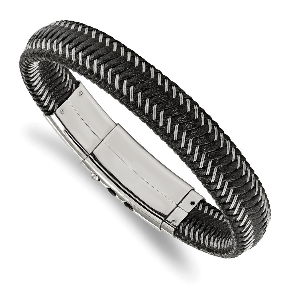 13mm Stainless Steel Black Leather &amp; Braided Wire Bracelet, 8-8.5 Inch, Item B18911 by The Black Bow Jewelry Co.