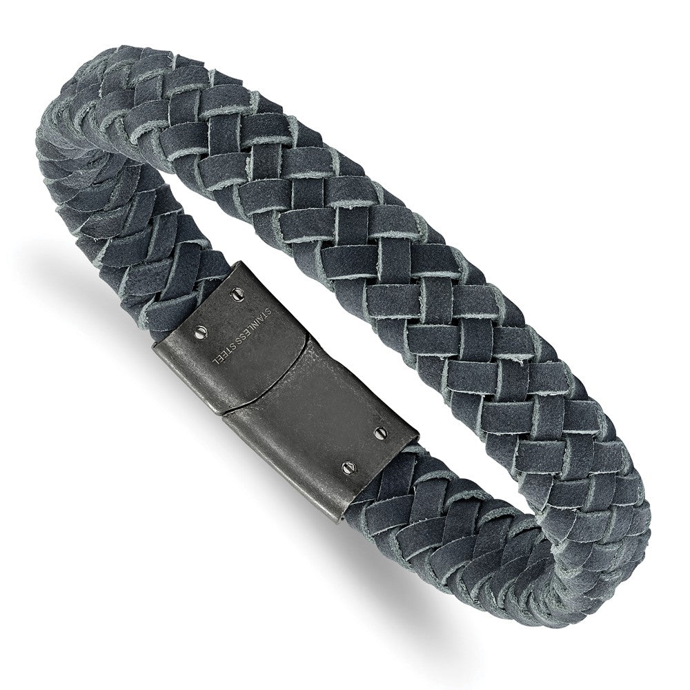 12mm Antiqued Stainless Steel Gray Leather Braided Bracelet, 8.5 Inch, Item B18951 by The Black Bow Jewelry Co.