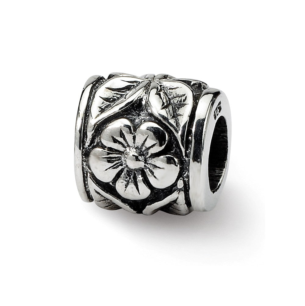 Sterling Silver Flower Barrel Bead Charm, Item B8730 by The Black Bow Jewelry Co.