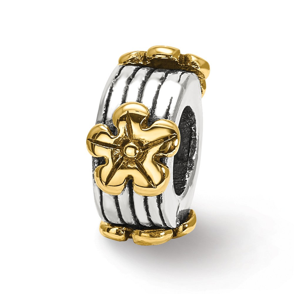 Sterling Silver &amp; 14k Yellow Gold Floral Bead Charm, Item B8743 by The Black Bow Jewelry Co.
