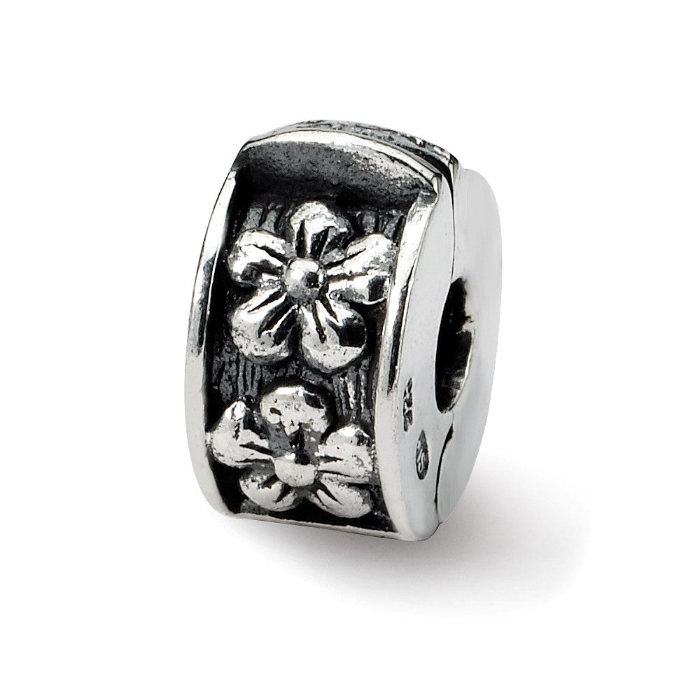 Hinged Floral Clip Bead Charm in Antiqued Sterling Silver, Item B8795 by The Black Bow Jewelry Co.