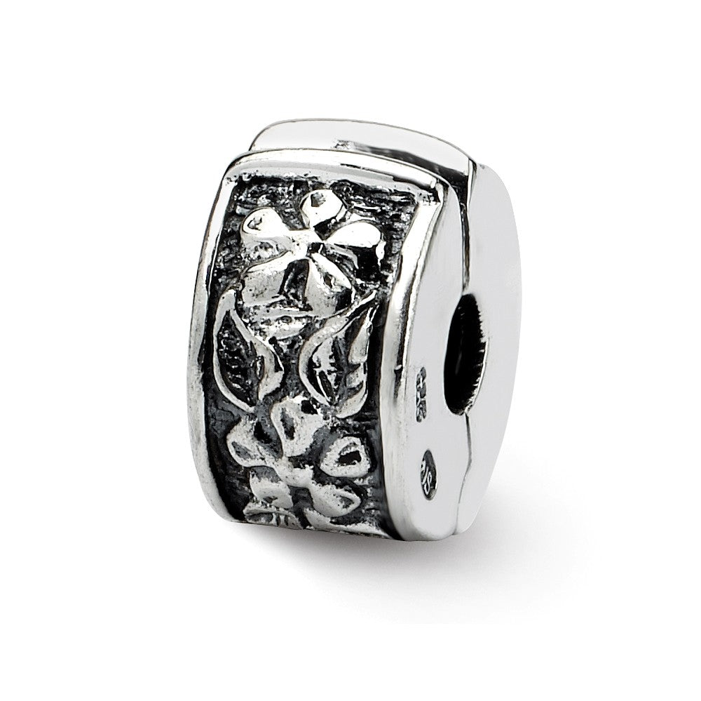 Sterling Silver Floral Hinged Clip Bead Charm, Item B8796 by The Black Bow Jewelry Co.