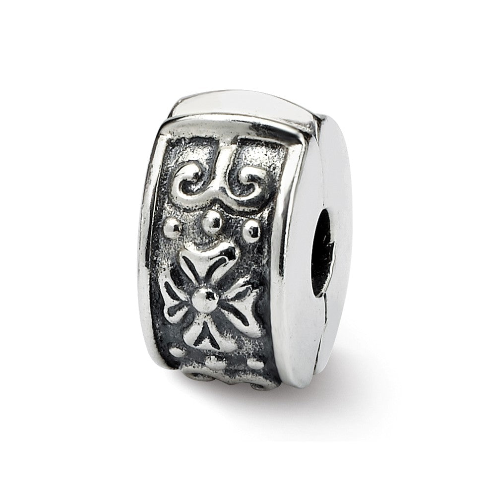 Sterling Silver Antiqued Floral Hinged Clip Bead Charm, Item B8797 by The Black Bow Jewelry Co.