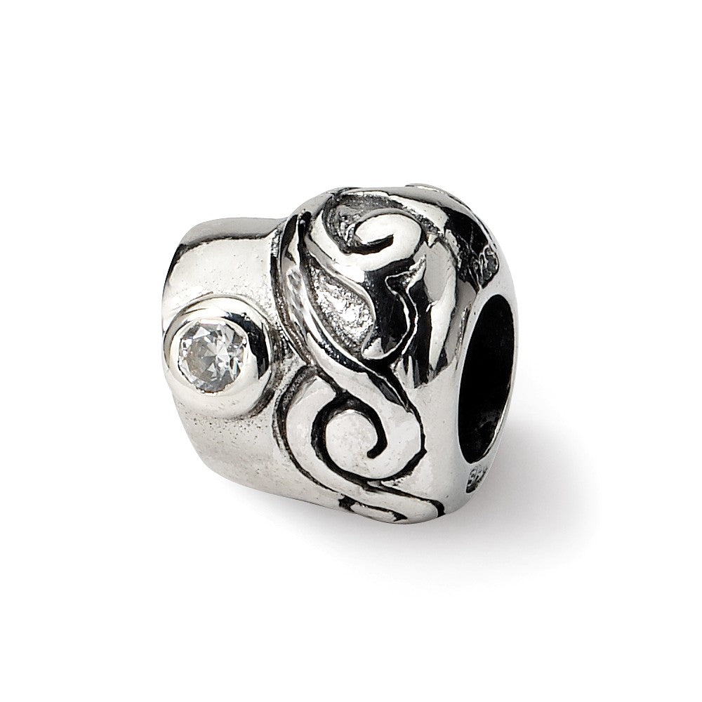 Sterling Silver and Clear CZ, Swirl Bead Charm, Item B8934 by The Black Bow Jewelry Co.