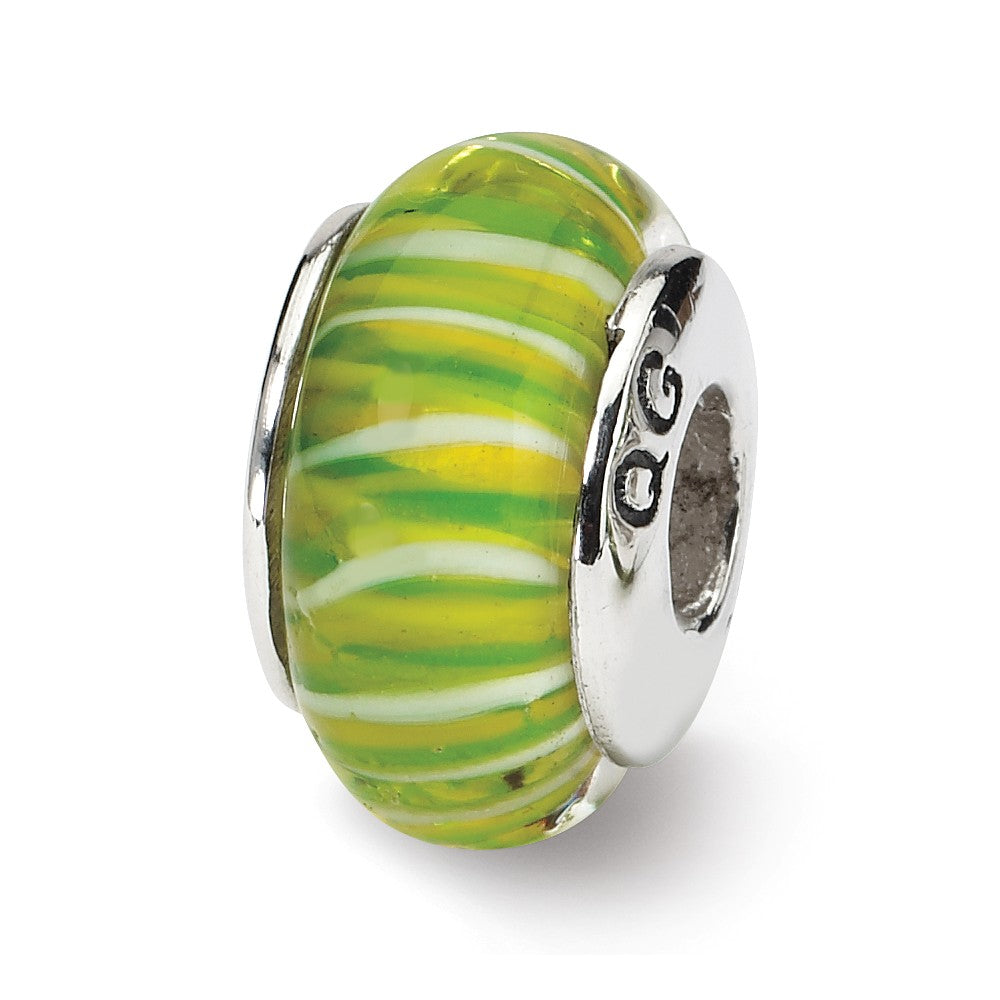 Green &amp; White Striped Glass Sterling Silver Bead Charm, Item B9146 by The Black Bow Jewelry Co.